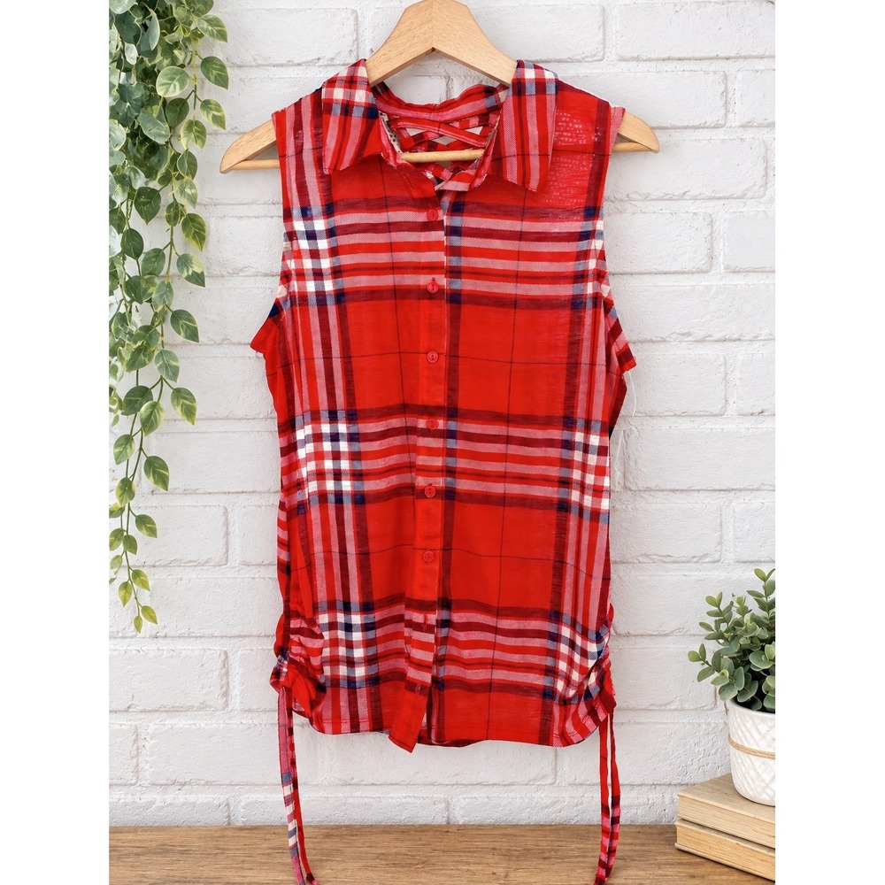 No Boundaries Sleeveless Button Up Top Women L Red Plaid Lace Back Ruched Sides